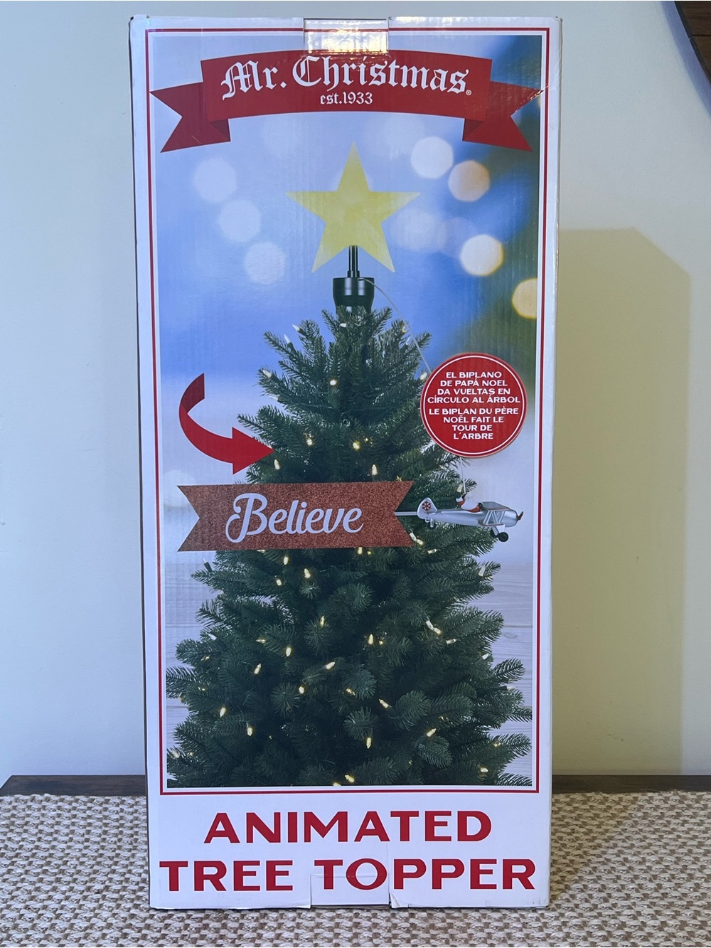Mr. Christmas Animated Biplane Tree Topper Santa Claus Believe Banner LED Star